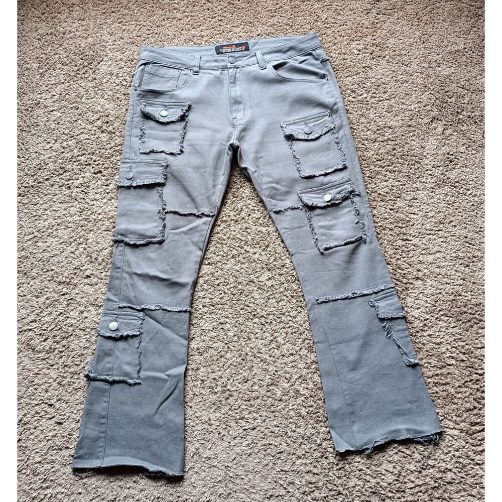 Copper Rivet Stacked Jeans Men's Size 36x32 Gray Cargo Pockets Frayed
